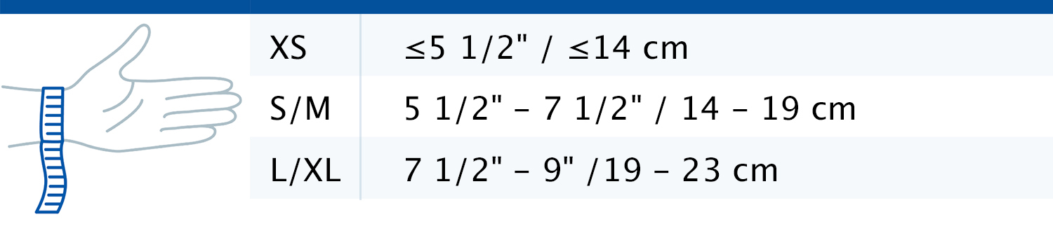 Size chart showing measurements for Actimove Professional Line Manus Forte Plus Wrist and Thumb Brace
 Size chart showing measurements for Actimove Professional Line Manus Forte Plus Wrist and Thumb Brace